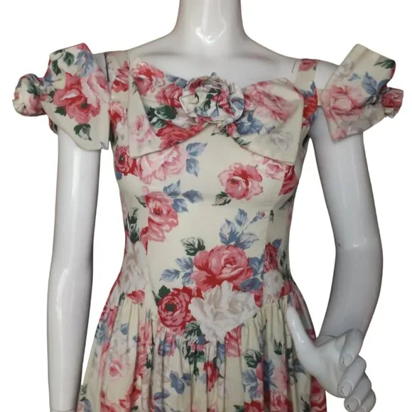 JESSICA MCCLINTOCK/GUNNE SAX Dress, XS, Pink/red floral, Open Shoulder/Bows - Picture 2 of 11